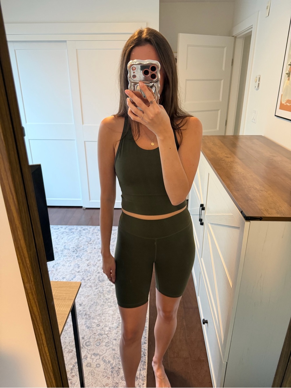 Women’s Olive Green High-Waist Bike Shorts and Tank Top - Picture 2 of 6
